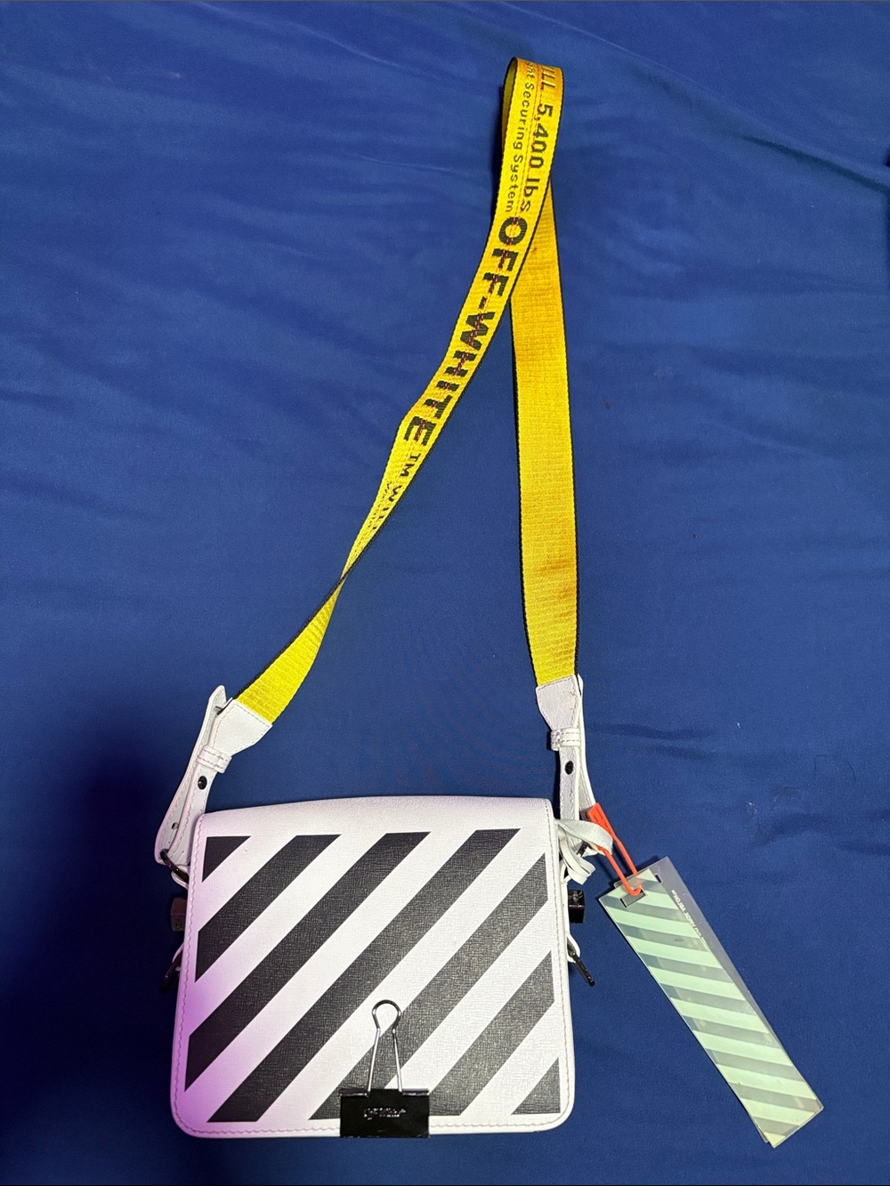 Off-White White Leather Crossbody with Black Diagonal Stripes and Yellow Strap